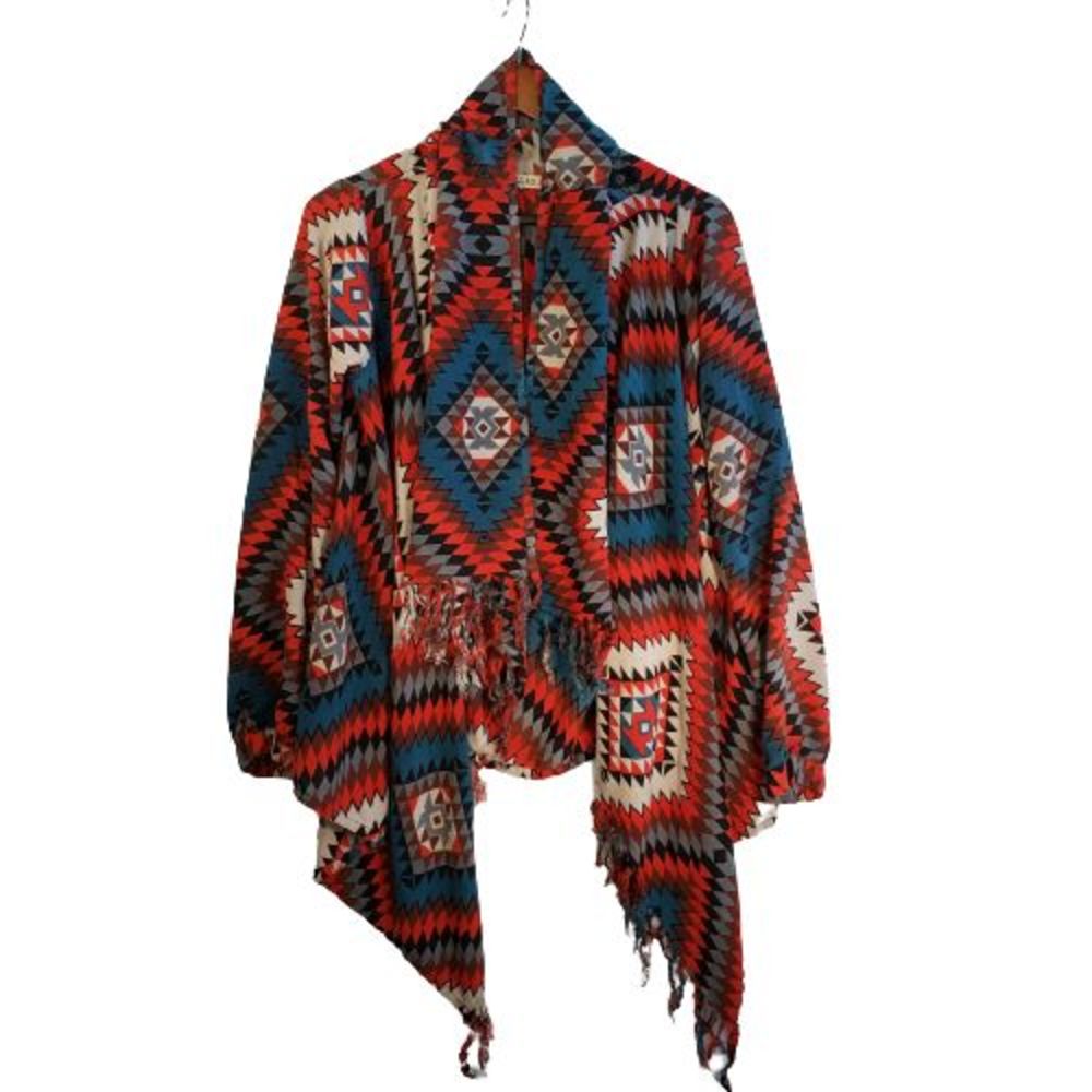 Billabong Cardigan Shawl Womens Medium Aztec Print Multicolored Fringed Boho